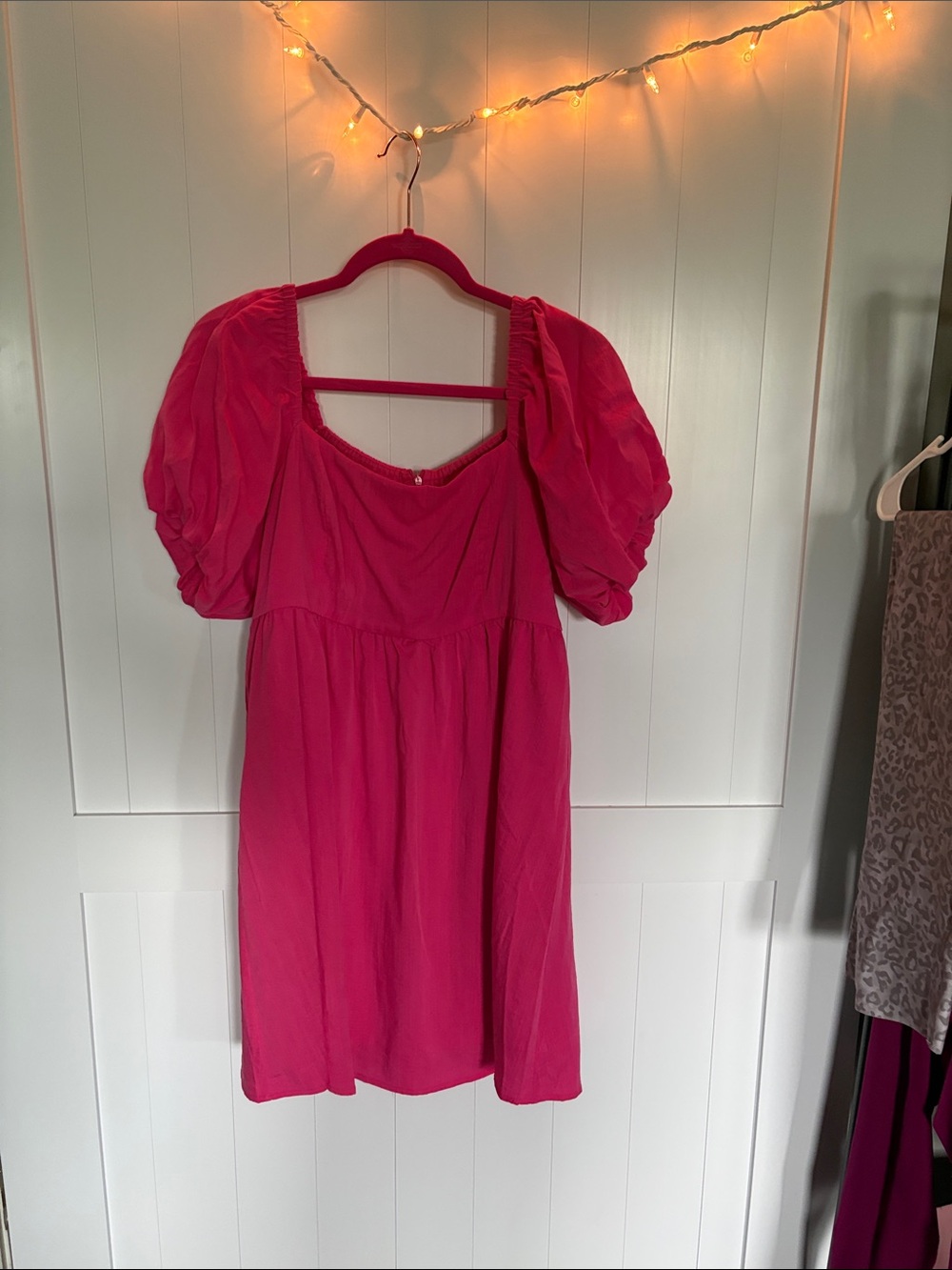 Short Puff-Sleeve Mini Dress in Bright Pink